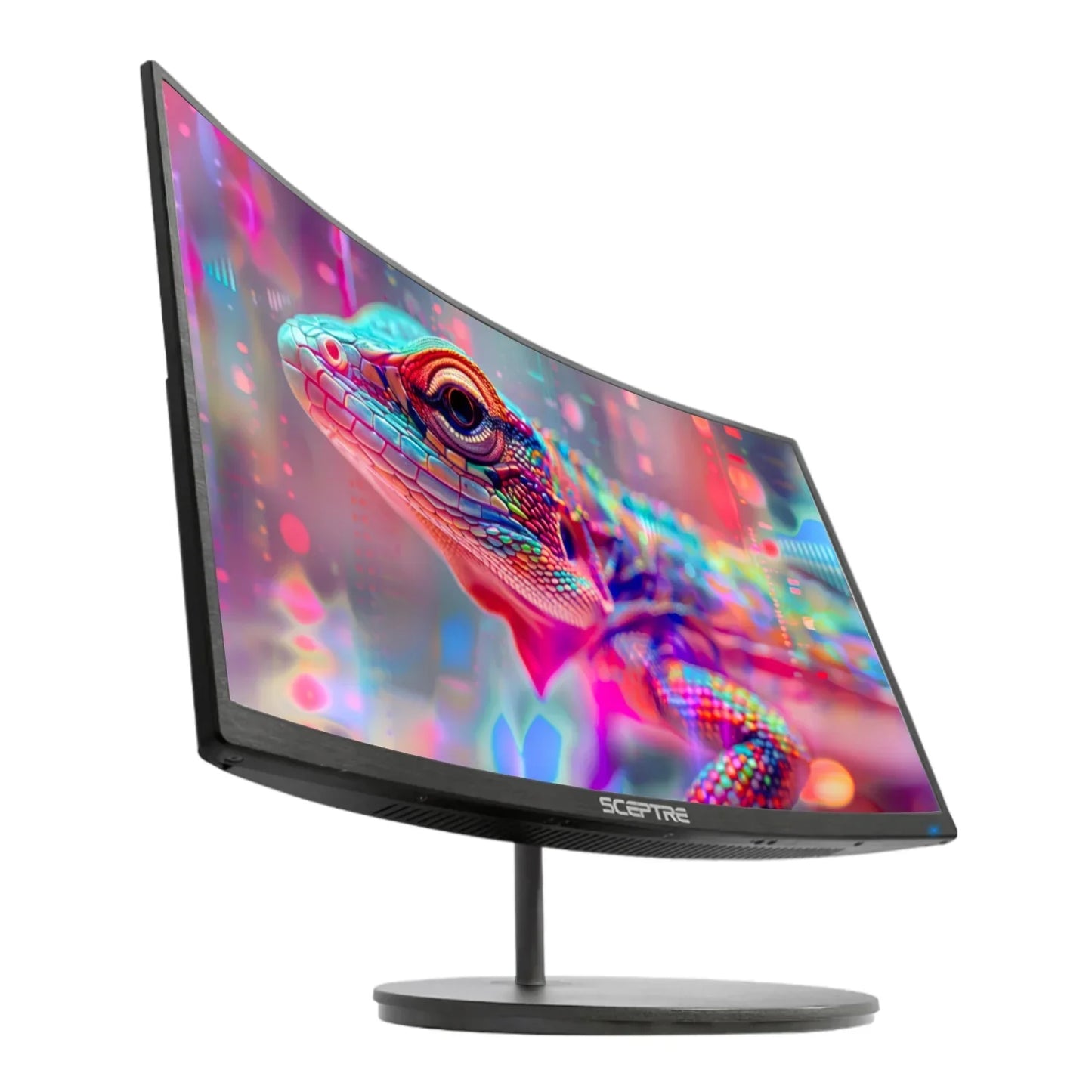 Curved Sceptre gaming monitor displaying vibrant, colorful digital lizard artwork on white background