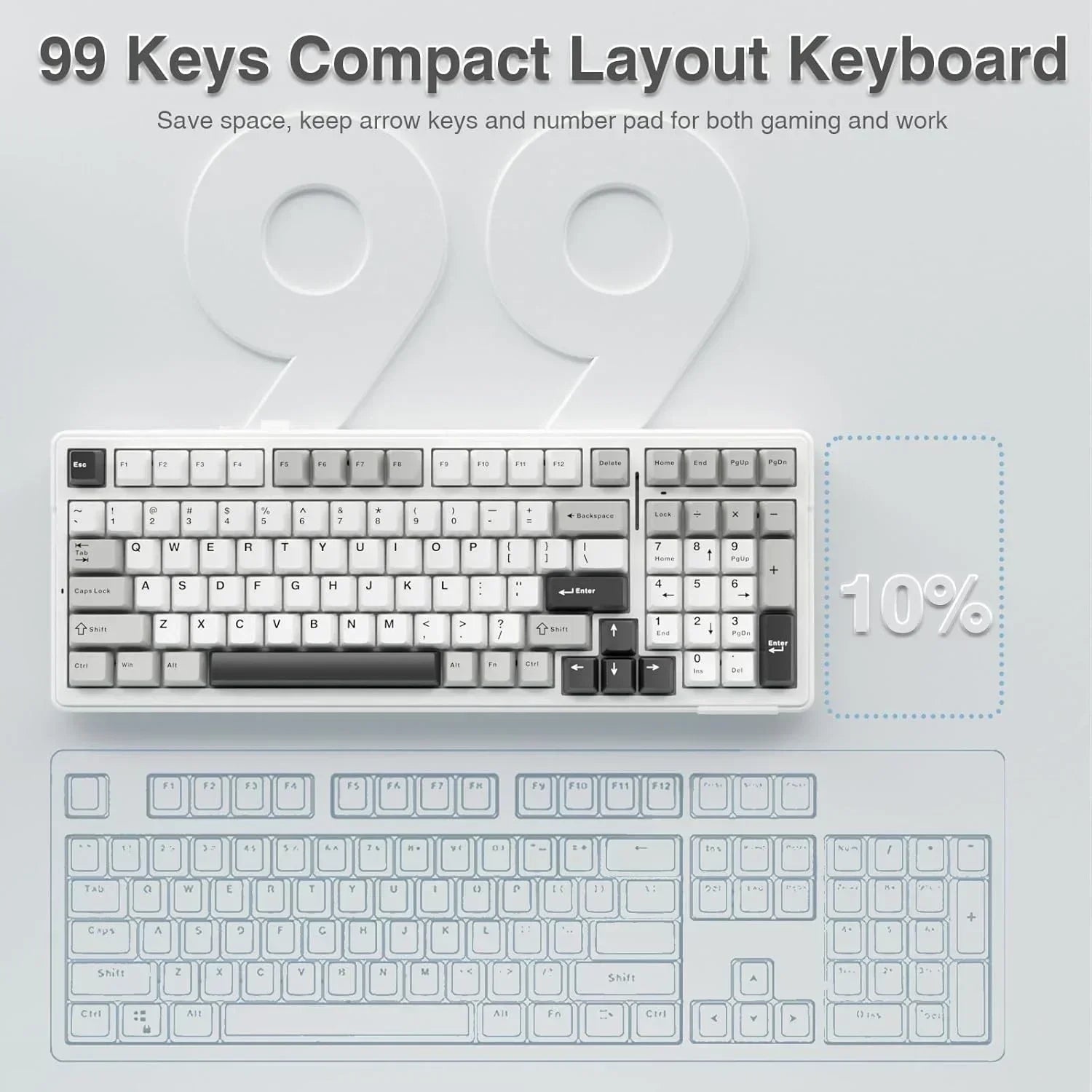 99-keys compact layout gaming keyboard in white and gray saves 10% space, shown at Byte Style.