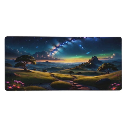 Gaming desk mat with fantasy landscape of rolling hills, trees, stars, and a glowing Milky Way sky