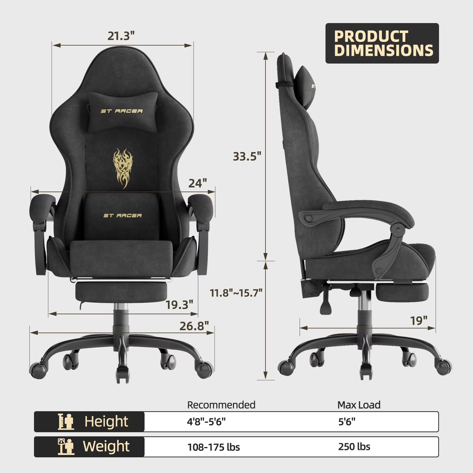 Black ST Racer gaming chair with gold logo, dimensions, and weight specs shown for ergonomic setup.