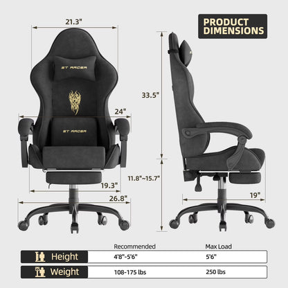 Black ST Racer gaming chair with gold logo, dimensions, and weight specs shown for ergonomic setup.