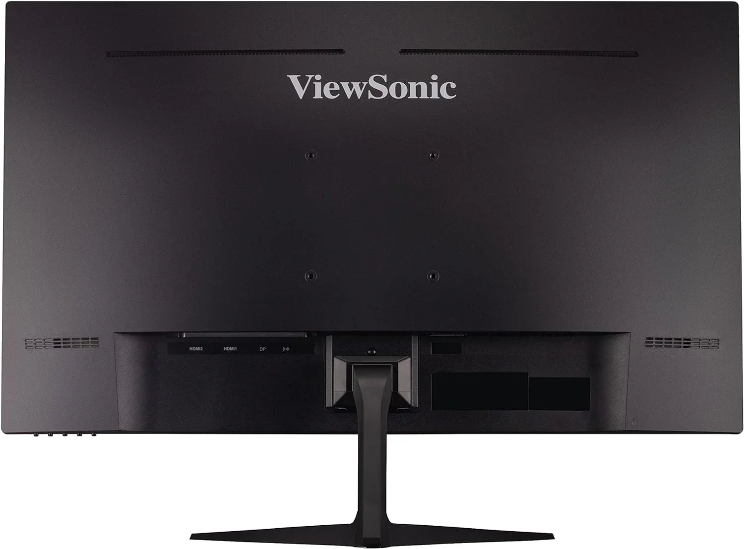 Rear view of black ViewSonic gaming monitor with HDMI and DisplayPort inputs on adjustable stand