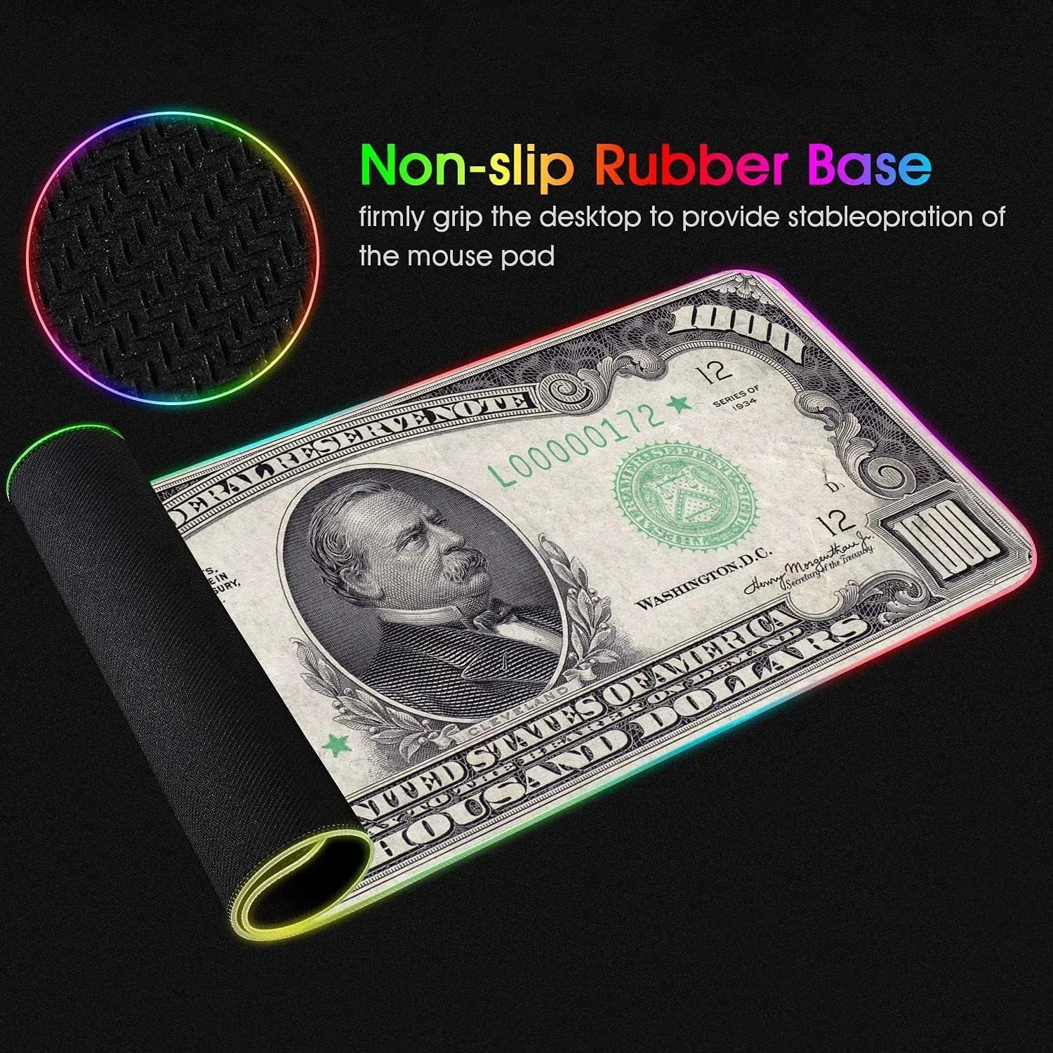 RGB gaming mouse pad with $1000 bill design, non-slip rubber base for stable desktop grip