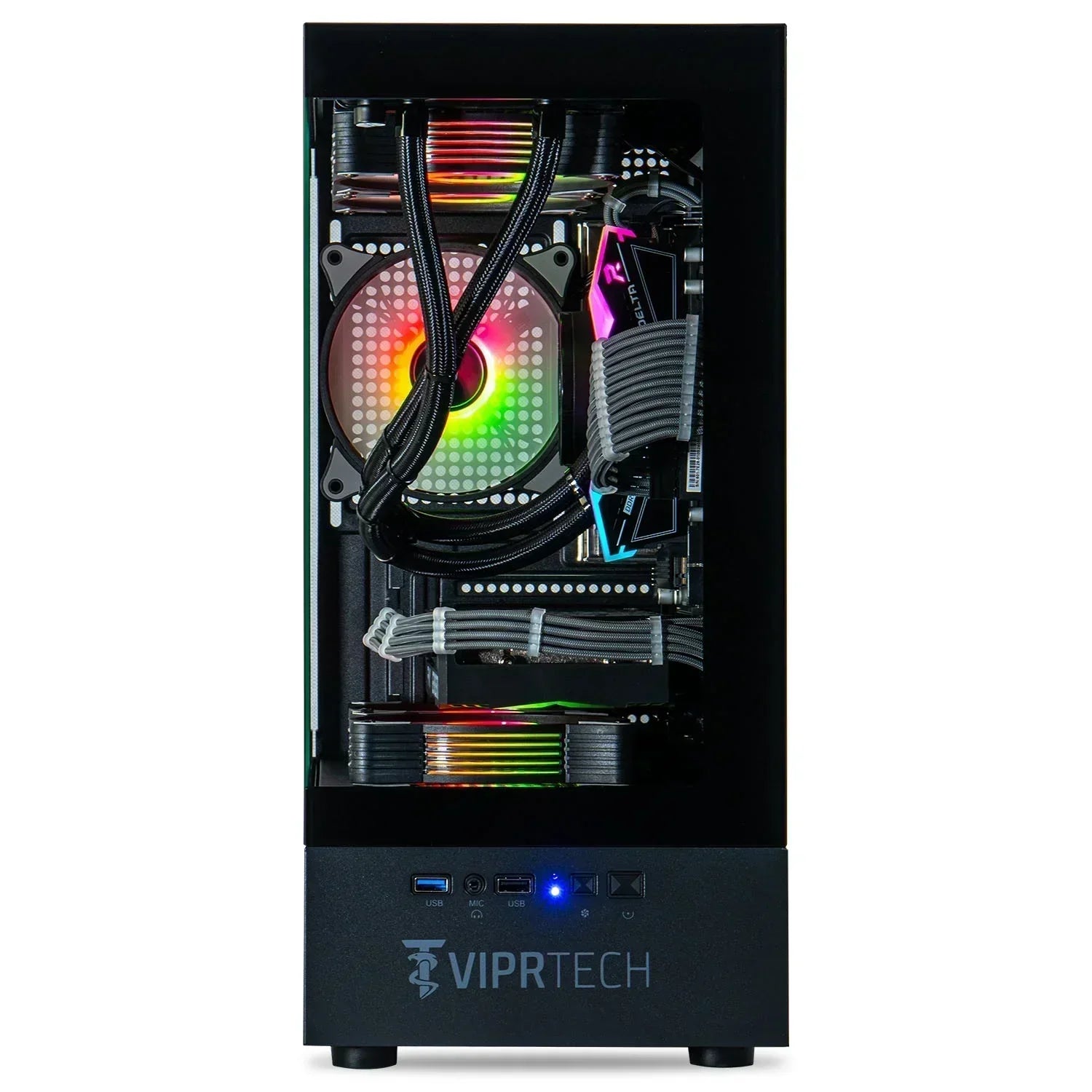 Gaming PC tower with RGB cooling fans, visible cables, and transparent side panel