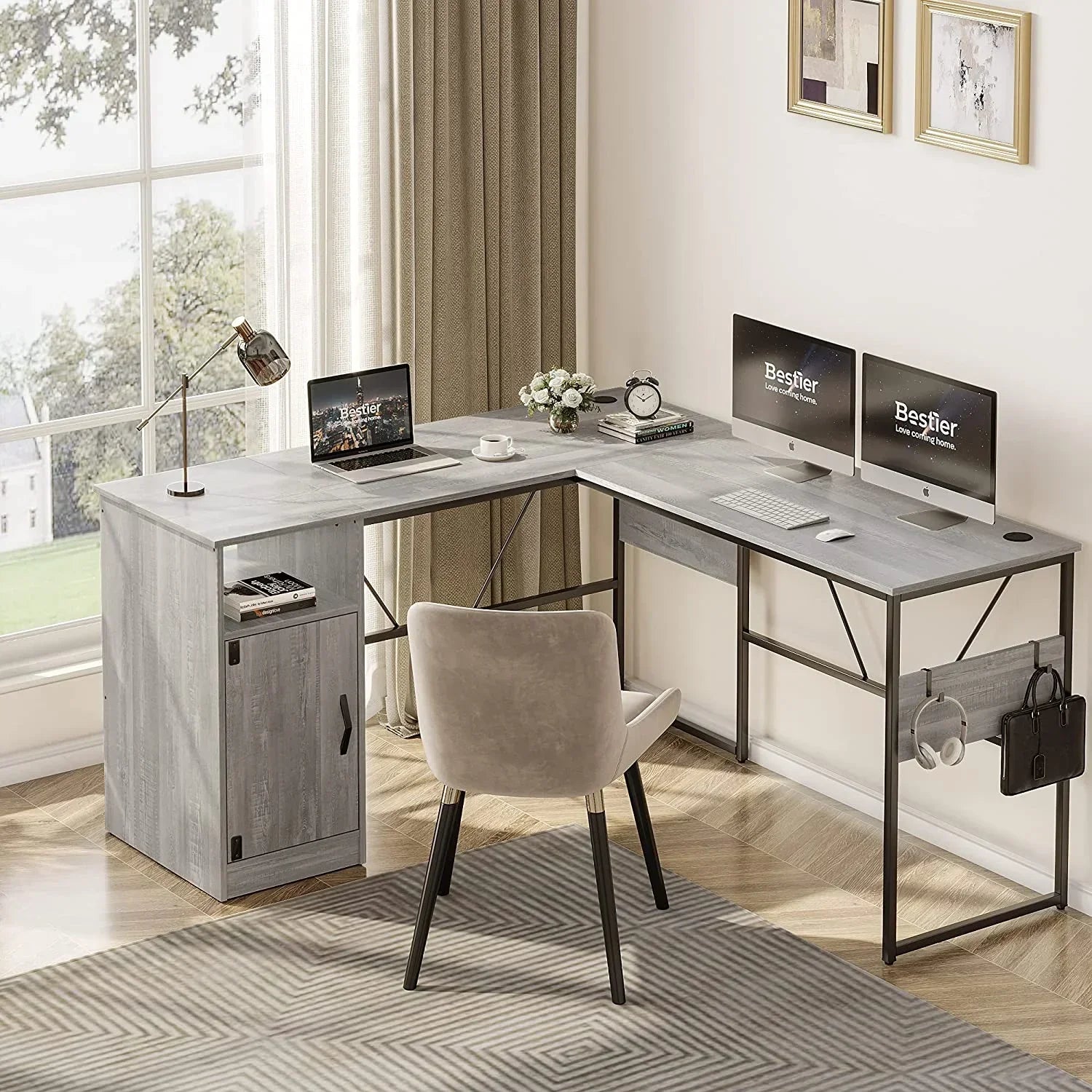 Reversible 60" L Shaped Computer Desk with Storage Cabinet Long Desk for 2 Person Wash White