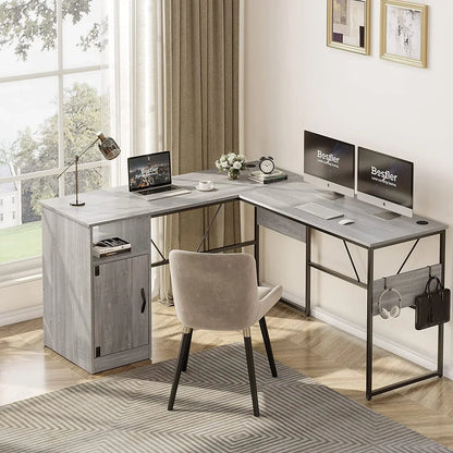 Reversible 60" L Shaped Computer Desk with Storage Cabinet Long Desk for 2 Person Wash White