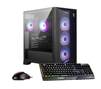 MSI gaming PC tower with LED-lit fans, RGB keyboard, and wired gaming mouse against white background