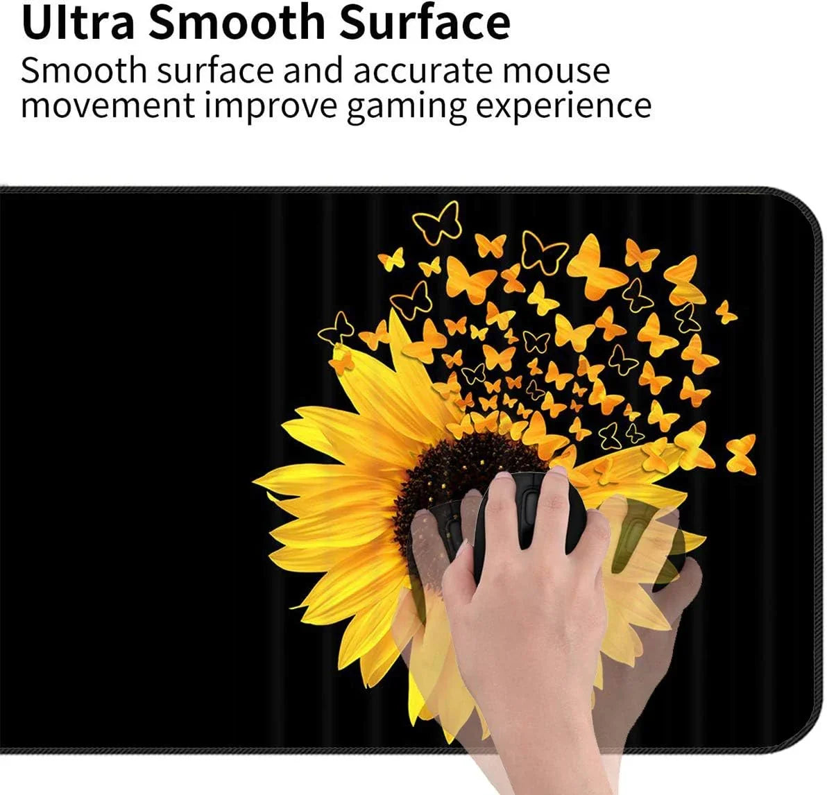 Gaming mouse on black mouse pad with bright sunflower and orange butterfly design showcasing smooth surface for accurate mouse movement