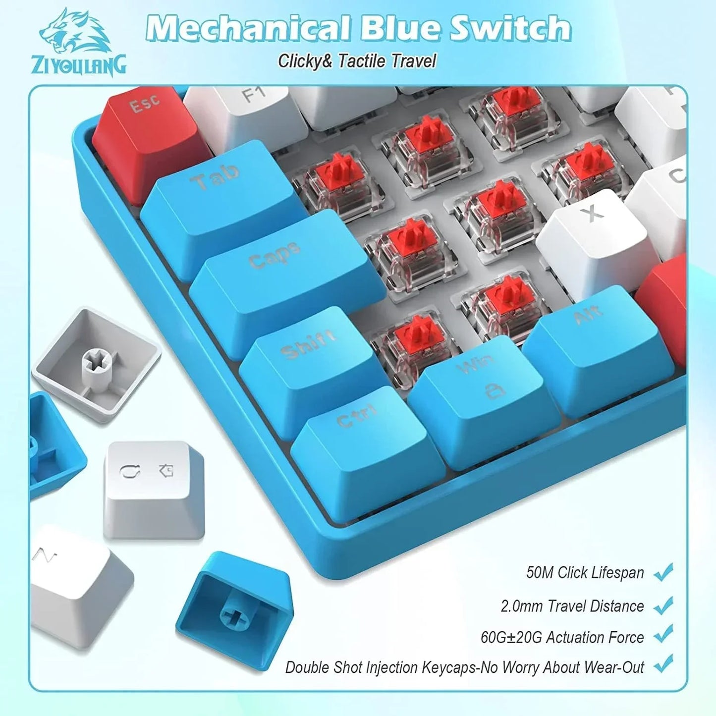Mechanical keyboard with blue and red keycaps featuring Ziyoulang mechanical blue switches and double shot injection keycaps