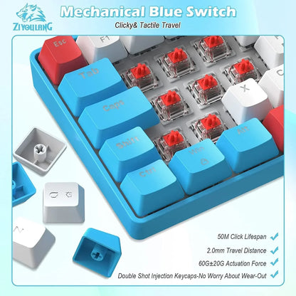 Mechanical keyboard with blue and red keycaps featuring Ziyoulang mechanical blue switches and double shot injection keycaps