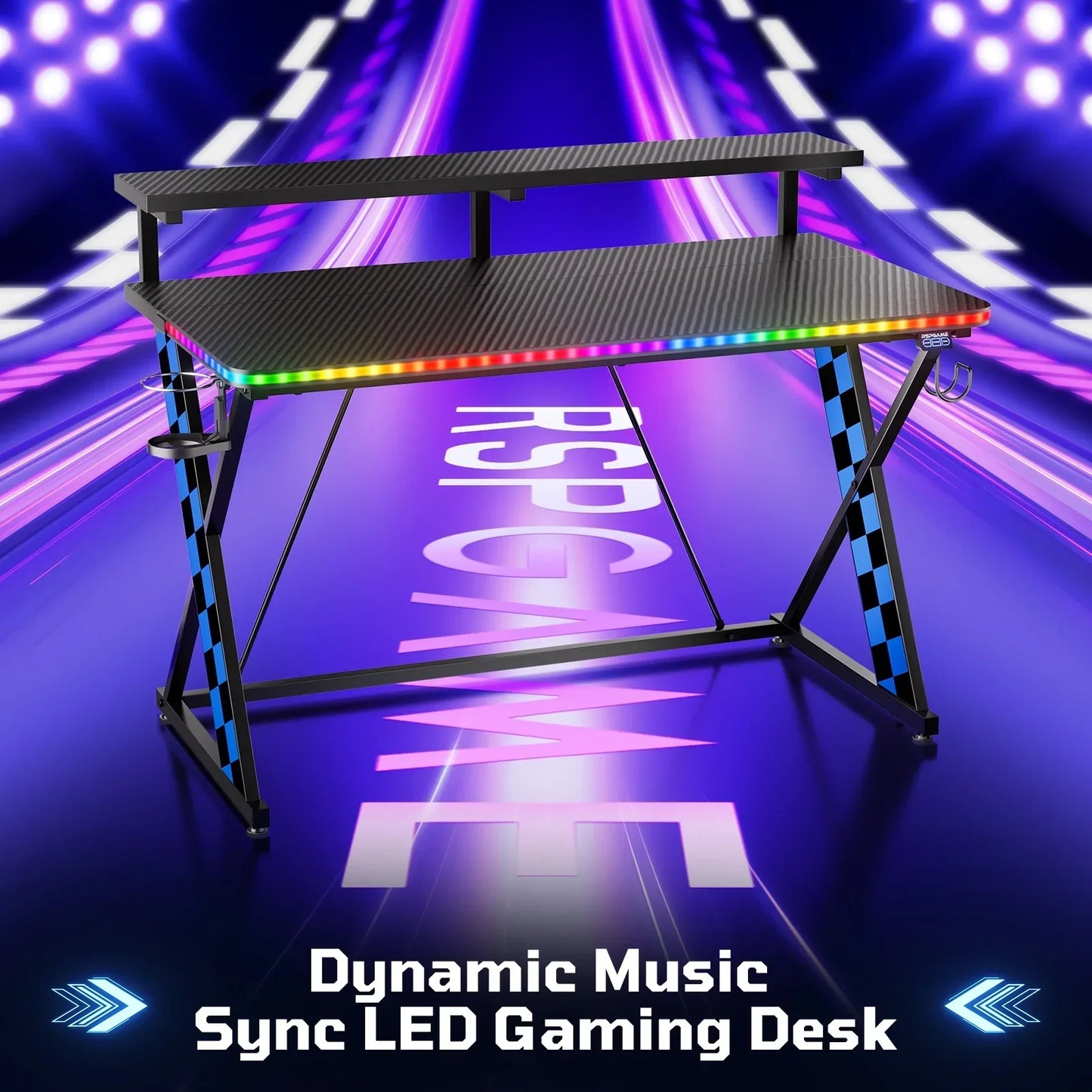 43" Music Sync LED Gaming Desk,X-Shape Ergonomic Monitor Stand Gamer Table,Pc Desk with Dynamic Lighting,Color Changing Office Desks,Blue Racing