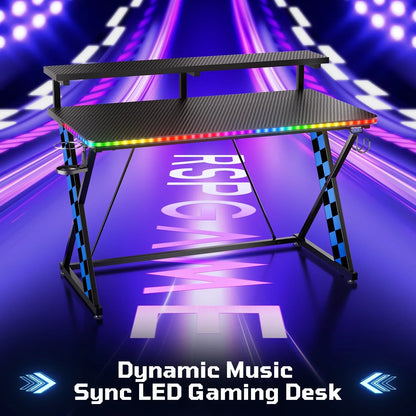 43" Music Sync LED Gaming Desk,X-Shape Ergonomic Monitor Stand Gamer Table,Pc Desk with Dynamic Lighting,Color Changing Office Desks,Blue Racing