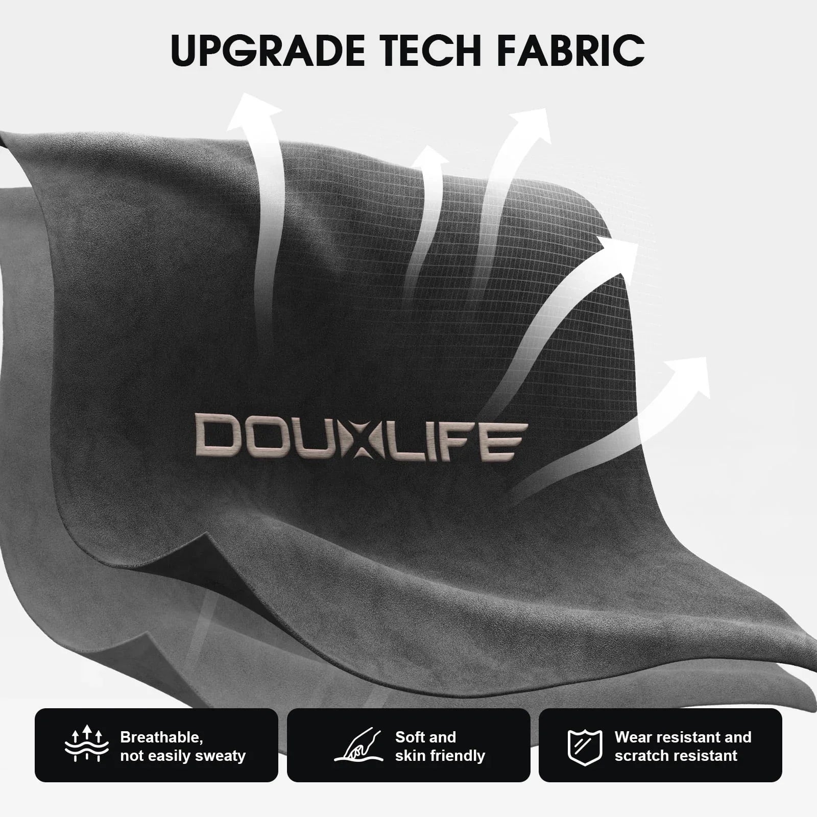 Black tech fabric labeled Douxlife with airflow arrows showing breathable, soft, skin-friendly, and scratch-resistant qualities