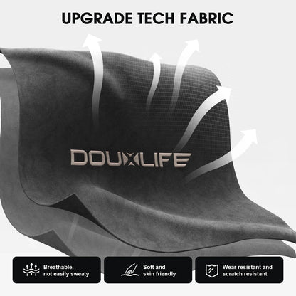 Black tech fabric labeled Douxlife with airflow arrows showing breathable, soft, skin-friendly, and scratch-resistant qualities