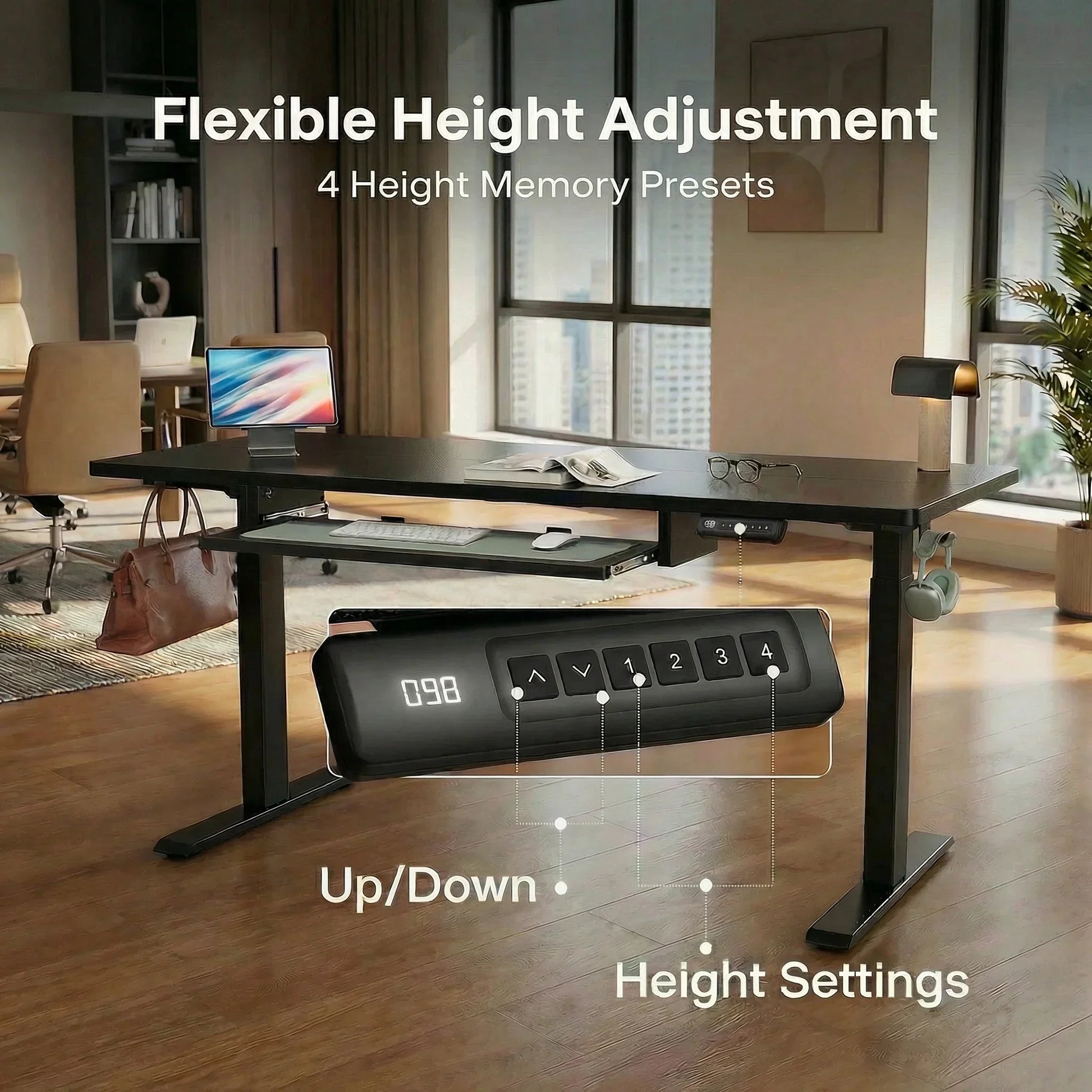 55" X 24" Electric Standing Desk with Keyboard Tray, Height Adjustable Sit Stand up Desk with Headphone Hook & 4 Height Memory Pre-Set for Home Office, Black