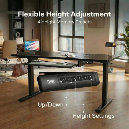 55" X 24" Electric Standing Desk with Keyboard Tray, Height Adjustable Sit Stand up Desk with Headphone Hook & 4 Height Memory Pre-Set for Home Office, Black