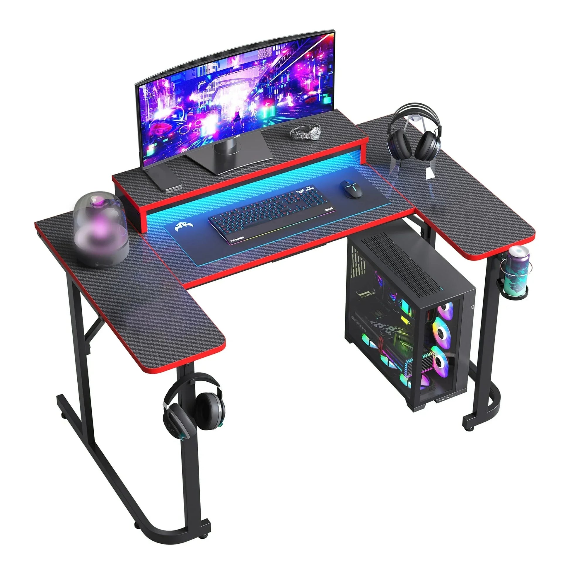Modern gaming desk with curved monitor, RGB keyboard, mouse, headphones, and RGB-lit PC tower