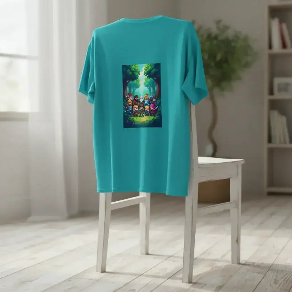 Turquoise t-shirt with colorful fantasy cartoon characters in a forest, hanging on white wooden chair