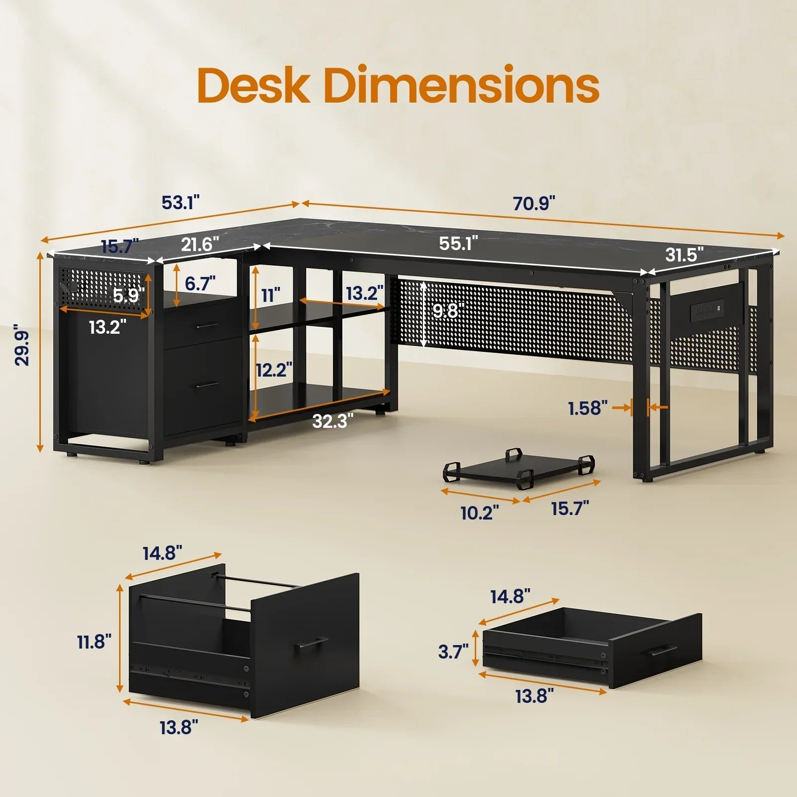 71" Executive Desk with Power Outlets, Modern L Shaped Office Desk with File Drawers and Pegboard, Large Computer Desk, Marble Black
