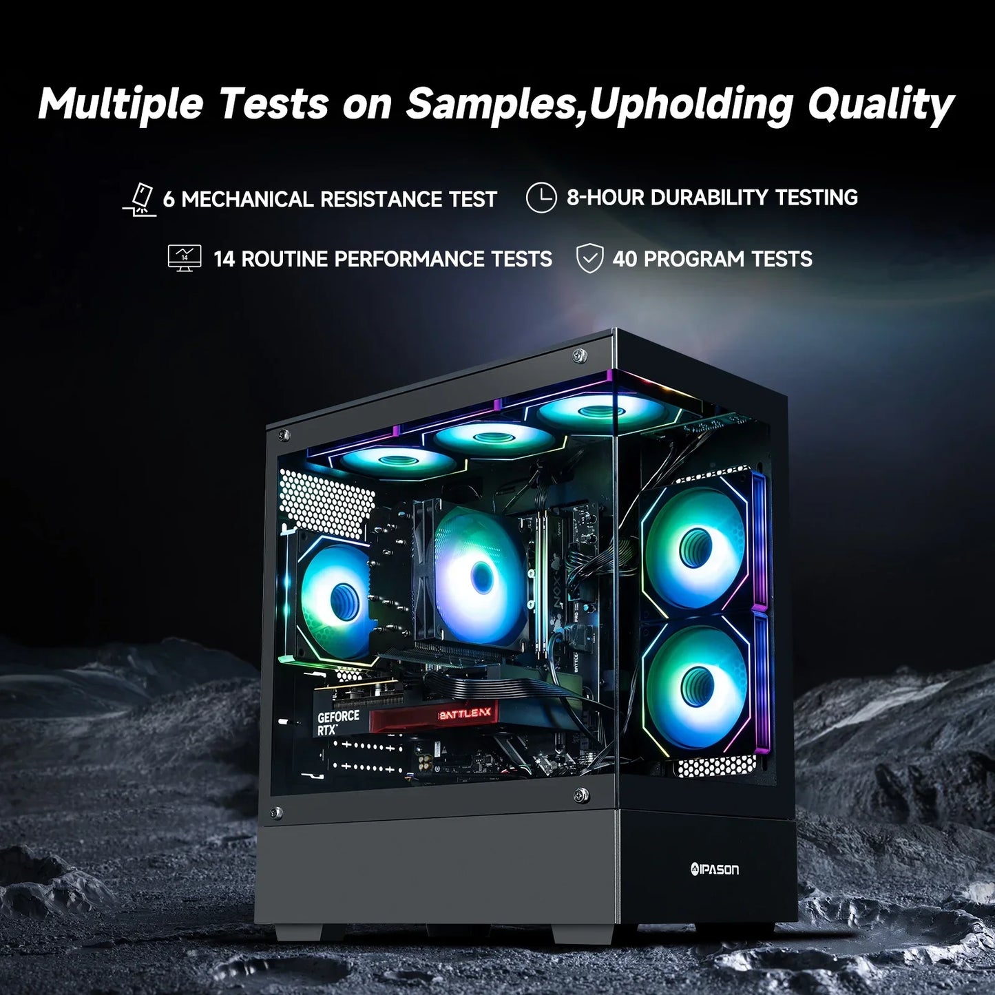IPASON gaming PC with RGB fans and GeForce RTX graphics card on rocky surface, highlighting performance tests