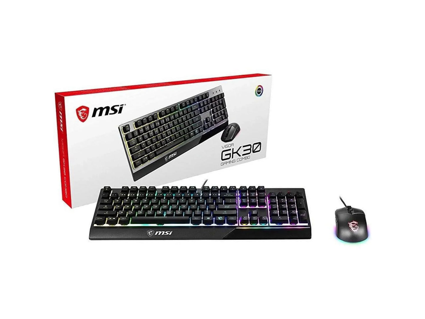 MSI Vigor GK30 RGB gaming keyboard and mouse combo set with product box, modern gaming gear