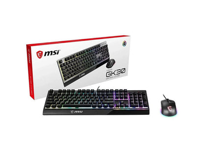 MSI Vigor GK30 RGB gaming keyboard and mouse combo set with product box, modern gaming gear