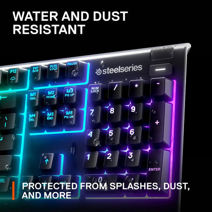 SteelSeries RGB gaming keyboard, water and dust resistant, illuminated keys, modern design.