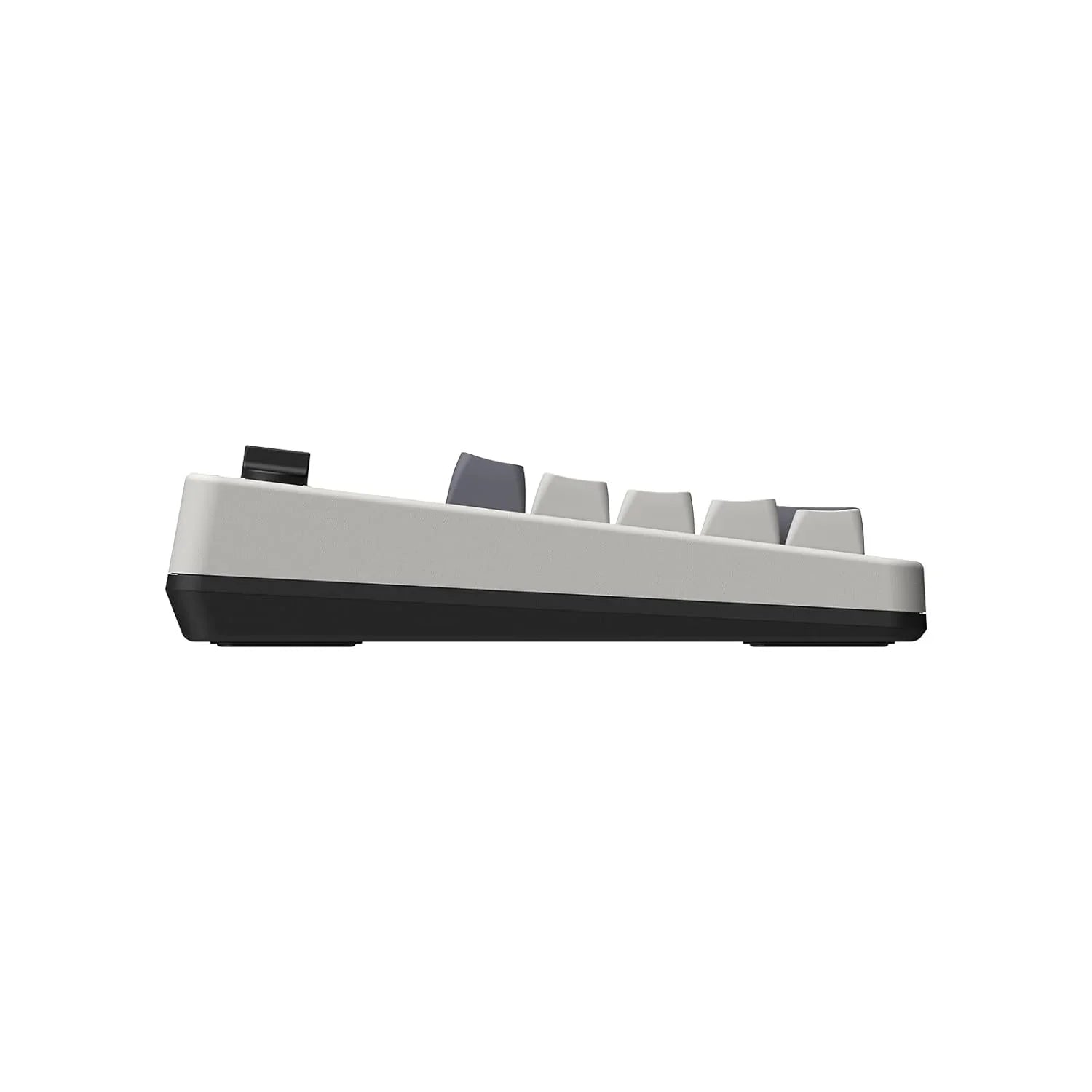 Side view of a compact mechanical gaming keyboard with a white and black case