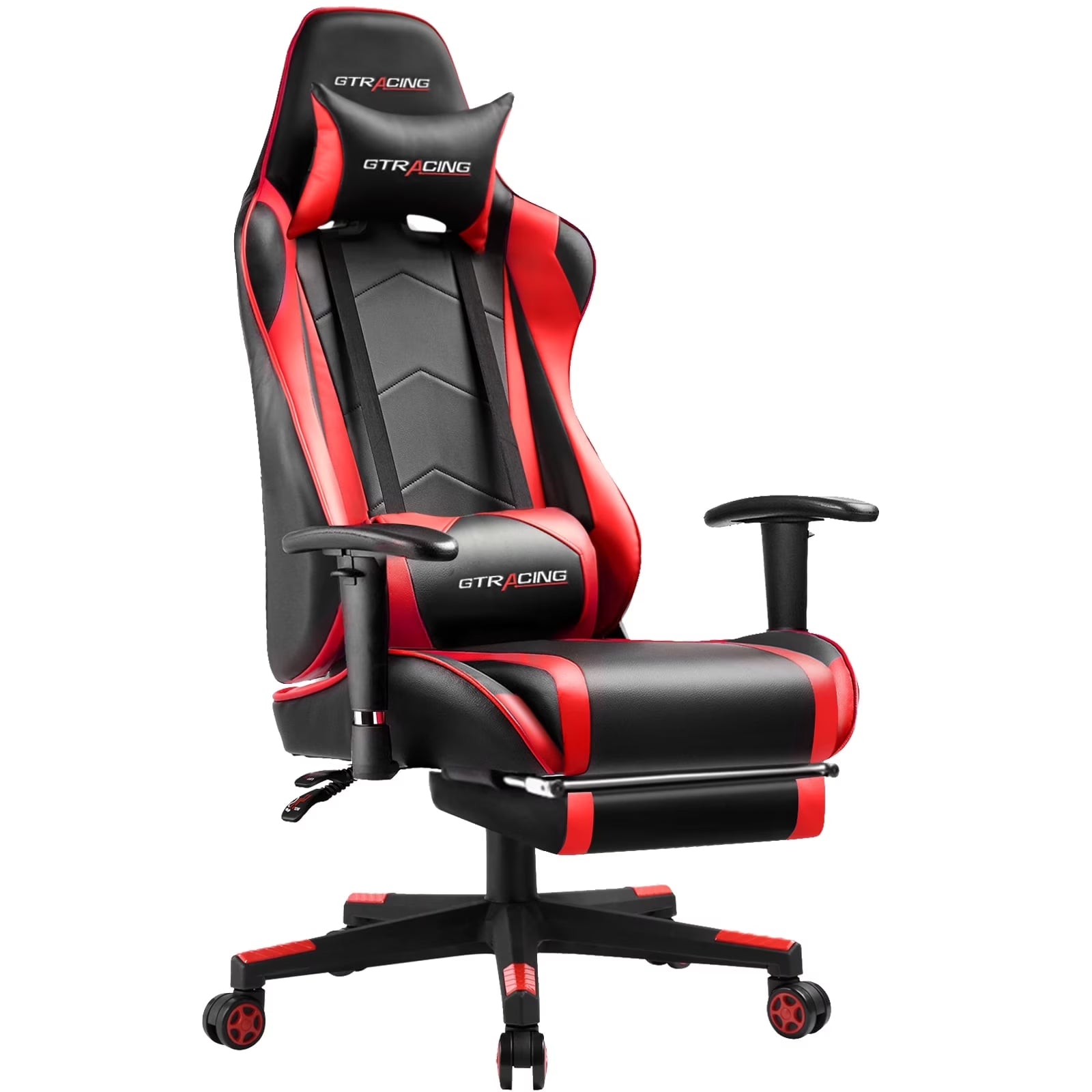 Red and black GTRACING gaming chair with lumbar pillow, adjustable arms, and footrest for ergonomic comfort.