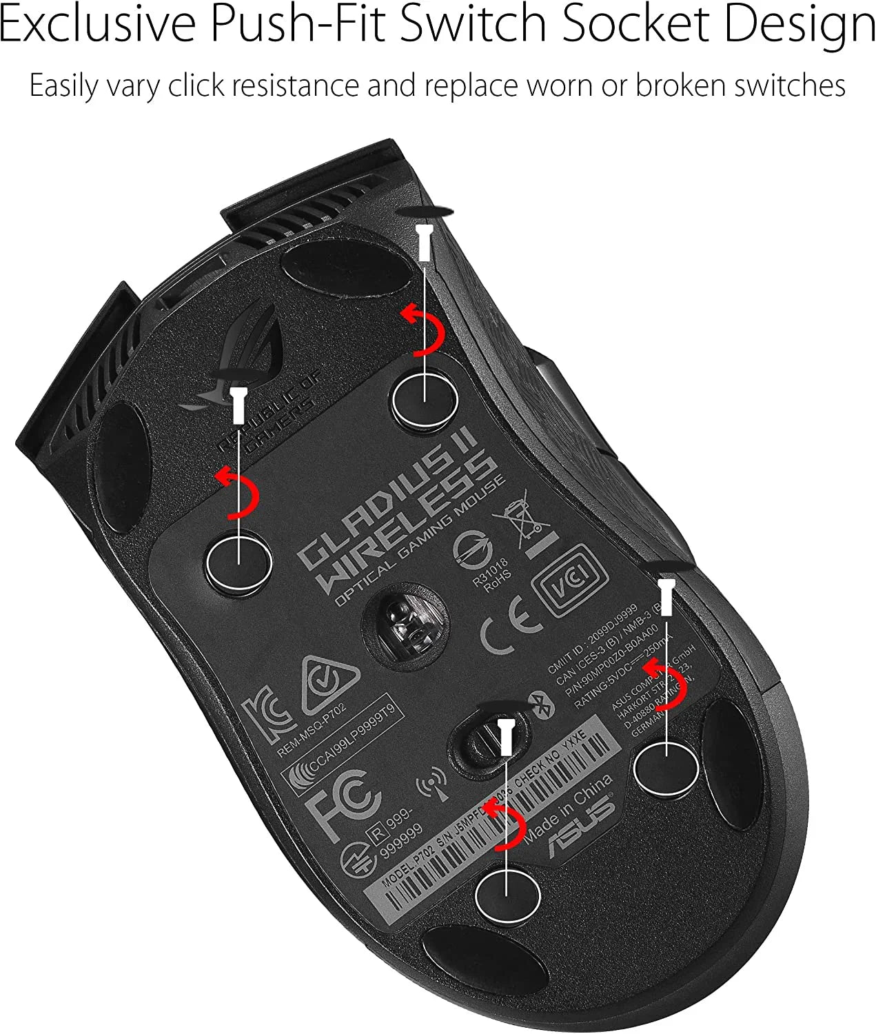 Bottom view of Asus ROG Gladius II Wireless optical gaming mouse with push-fit switch socket design