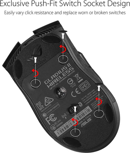 Bottom view of Asus ROG Gladius II Wireless optical gaming mouse with push-fit switch socket design