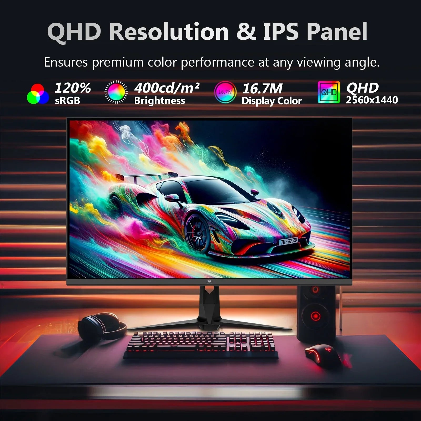 Gaming setup with a QHD resolution monitor displaying vibrant sports car art, RGB keyboard, mouse, headset, and speakers