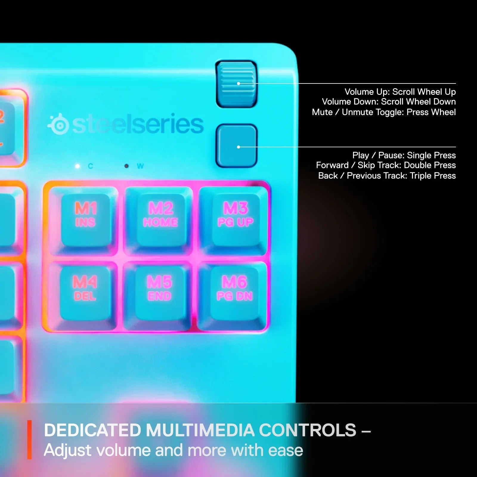 SteelSeries keyboard section highlighting dedicated multimedia controls with volume wheel and media buttons