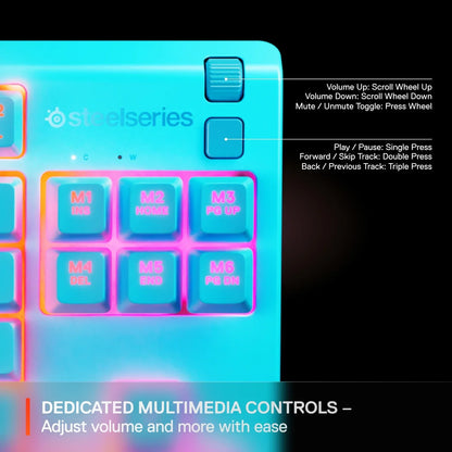 SteelSeries keyboard section highlighting dedicated multimedia controls with volume wheel and media buttons