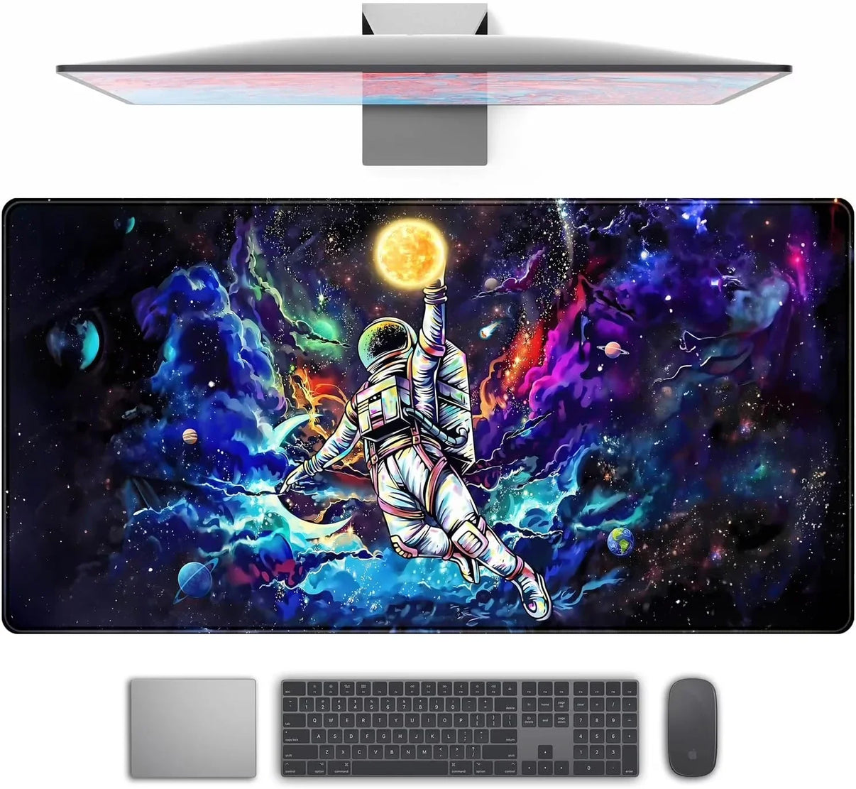 gaming desk mat with colorful space art featuring an astronaut reaching for a glowing sun amid planets and galaxies