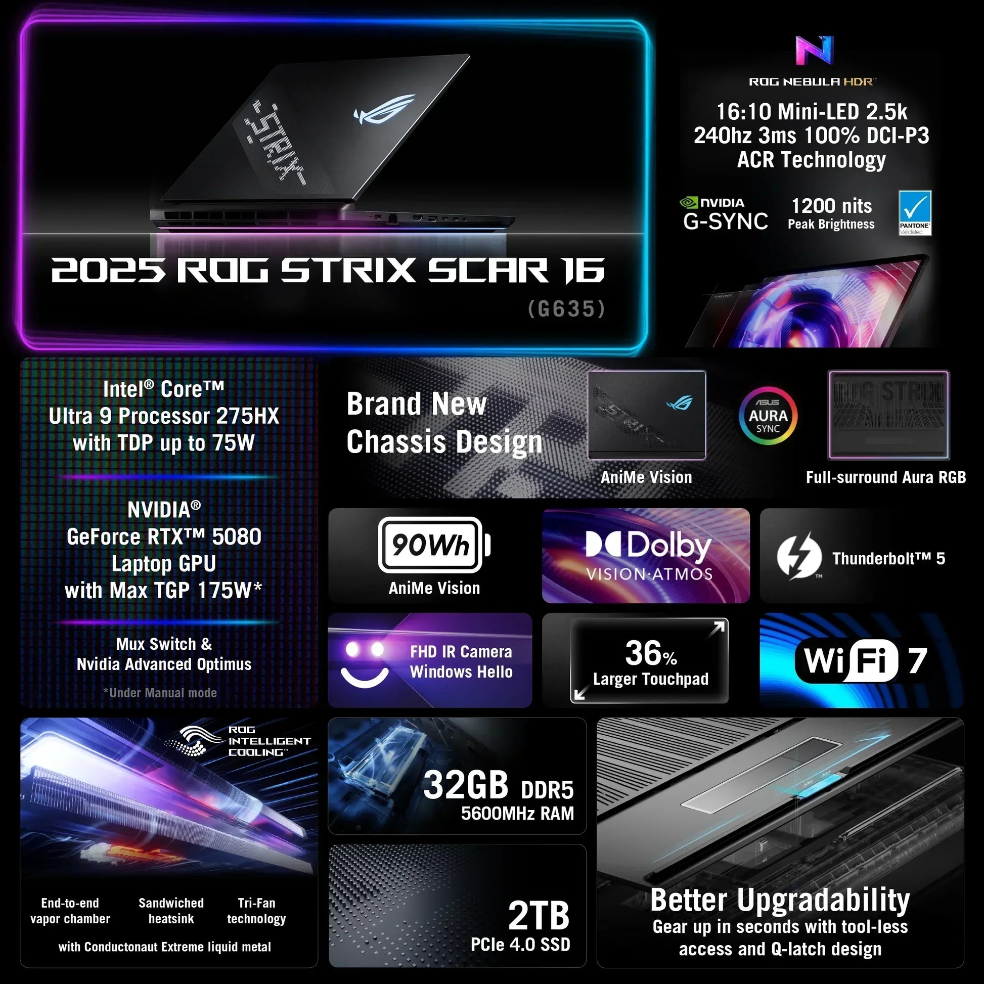 2025 ROG Strix Scar 16 gaming laptop with Intel Core Ultra 9, RTX 5080, Mini-LED display, RGB lighting