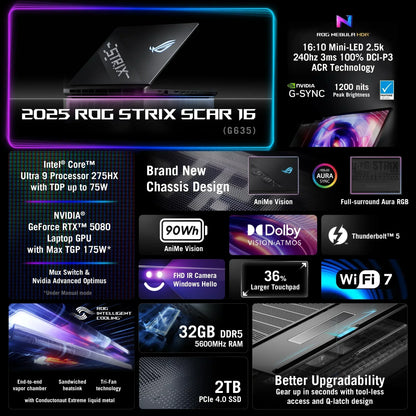 2025 ROG Strix Scar 16 gaming laptop with Intel Core Ultra 9, RTX 5080, Mini-LED display, RGB lighting