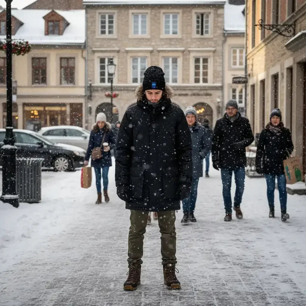 Man in black winter coat and beanie standing on snowy city street with people walking behind