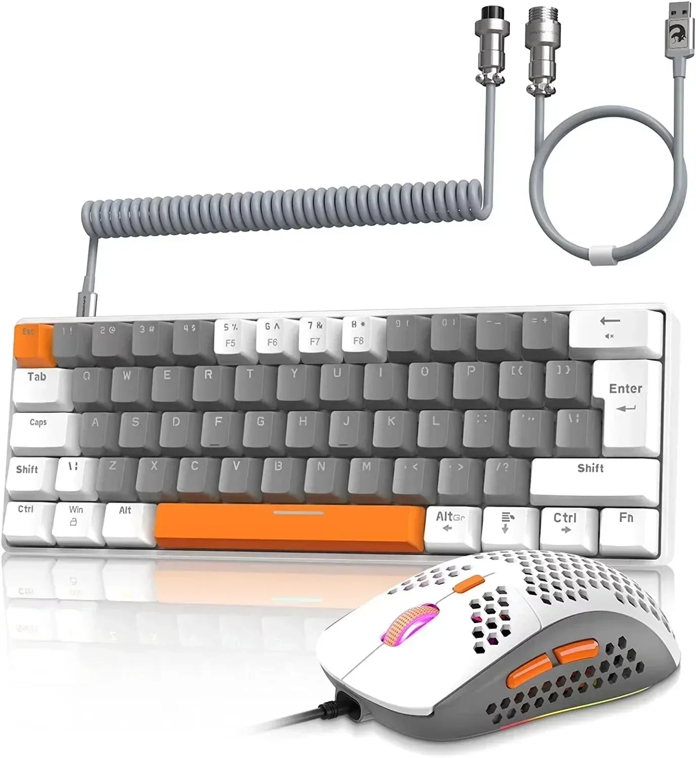 T60PRO 60% Mechanical Keyboard and Mouse Combo+Coiled USB C Cable, Compact RGB LED Backlit Keyboard, Clicky Blue Switch, 6400 DPI Programmable RGB Mouse for PC Mac Gamer(Gray&Orange)