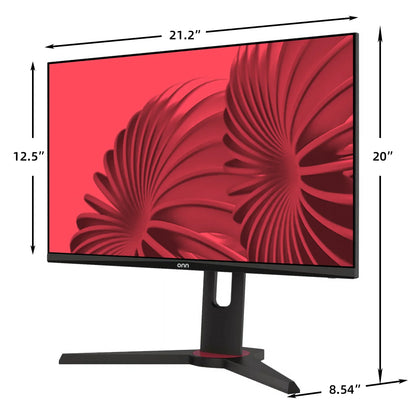 Onn gaming monitor with 21.2" width, 12.5" height display, black stand with red accent