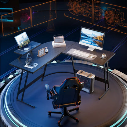 Modern black L-shaped standing desk with computer, laptop, headphones, calendar, and ergonomic chair in futuristic room