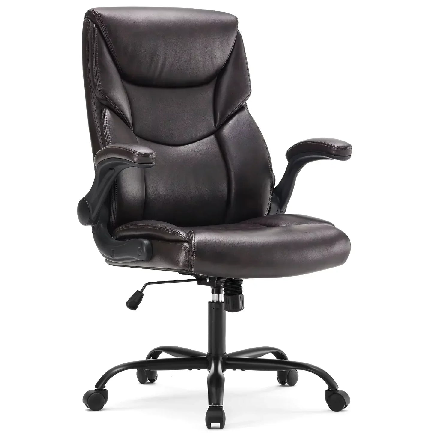Black leather gaming office chair with adjustable armrests and rolling casters for ergonomic comfort
