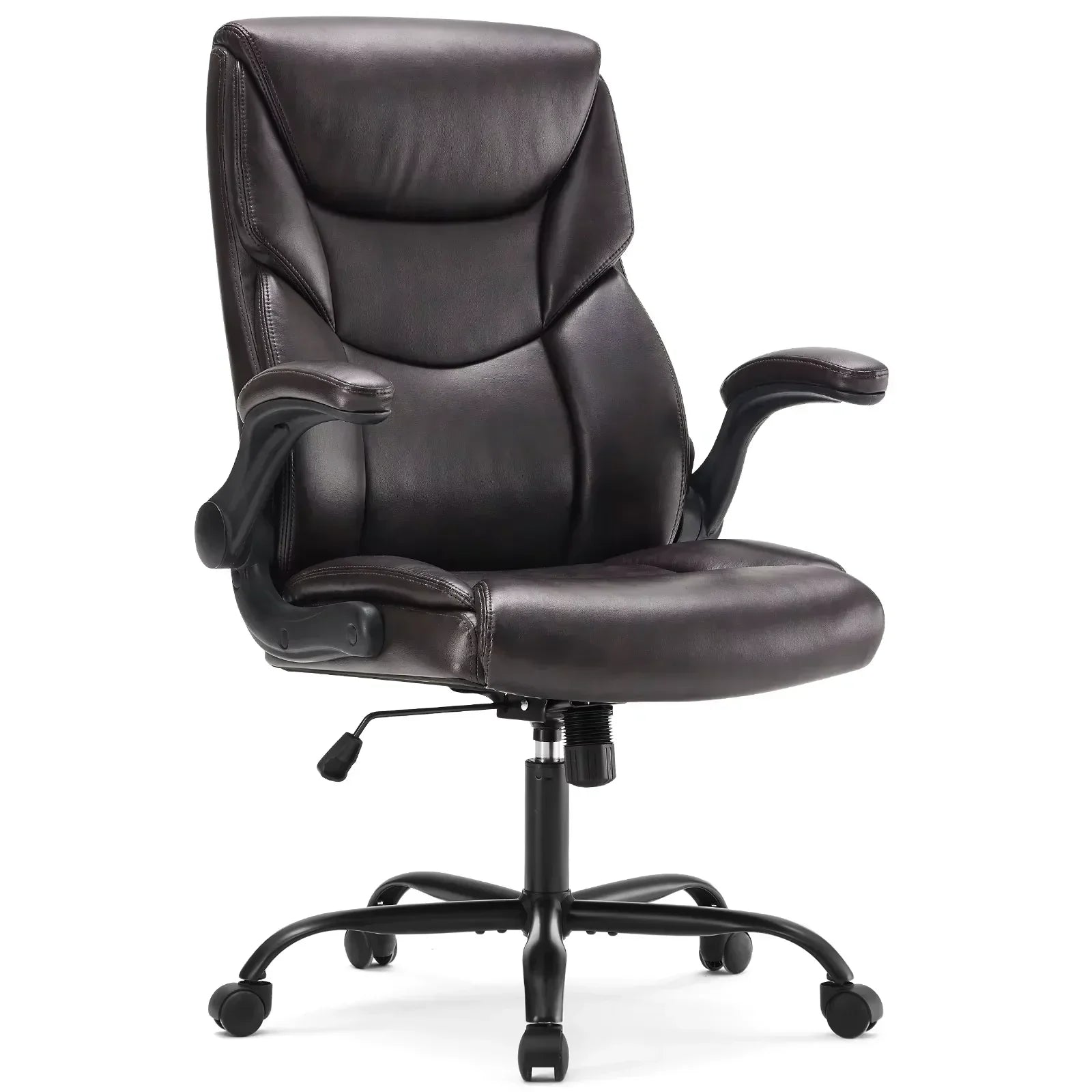 Black leather gaming office chair with adjustable armrests and rolling casters for ergonomic comfort