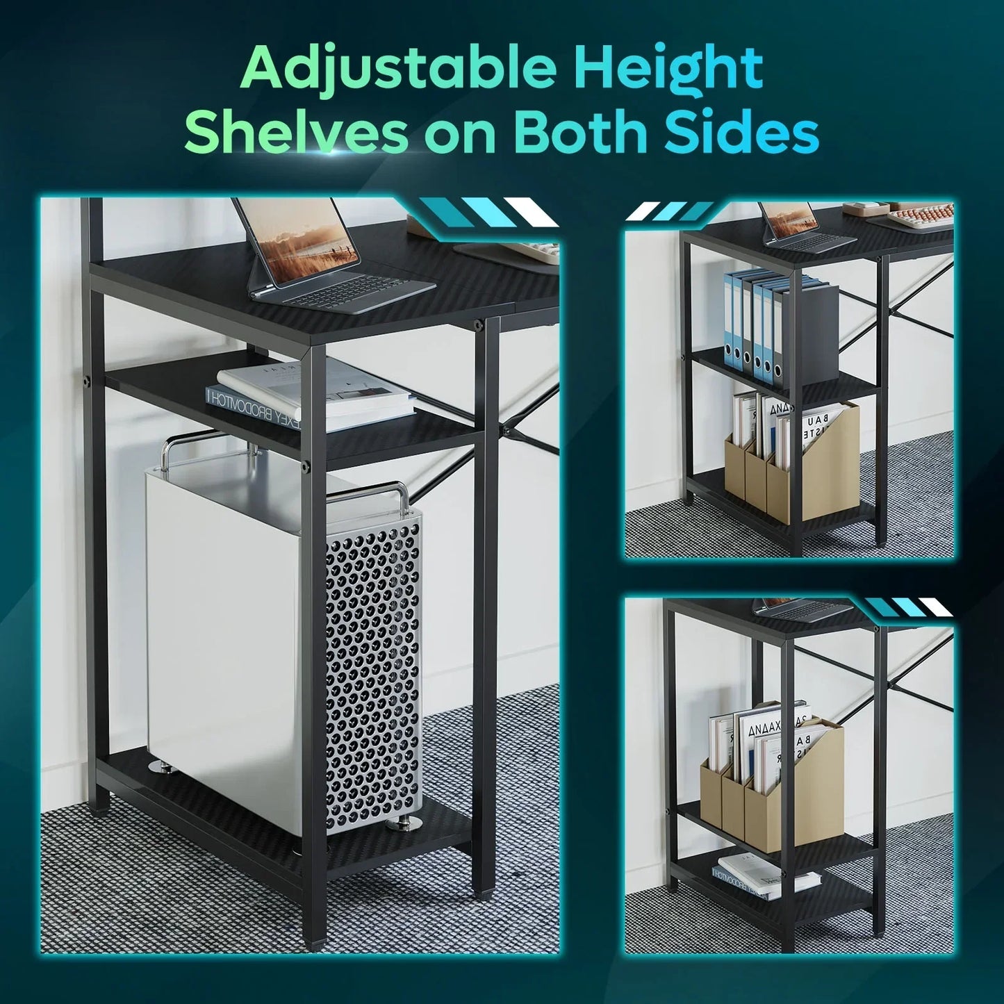 Black metal computer desk with adjustable height shelves on both sides holding PC and office files