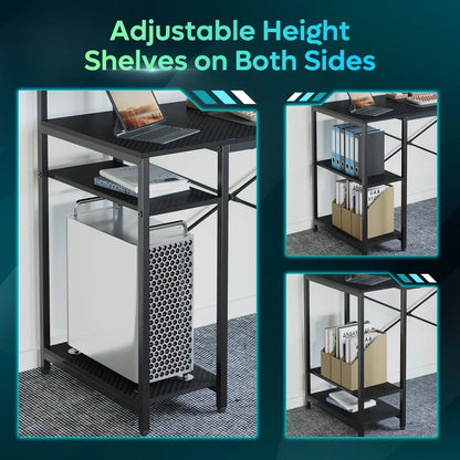 Black metal computer desk with adjustable height shelves on both sides holding PC and office files