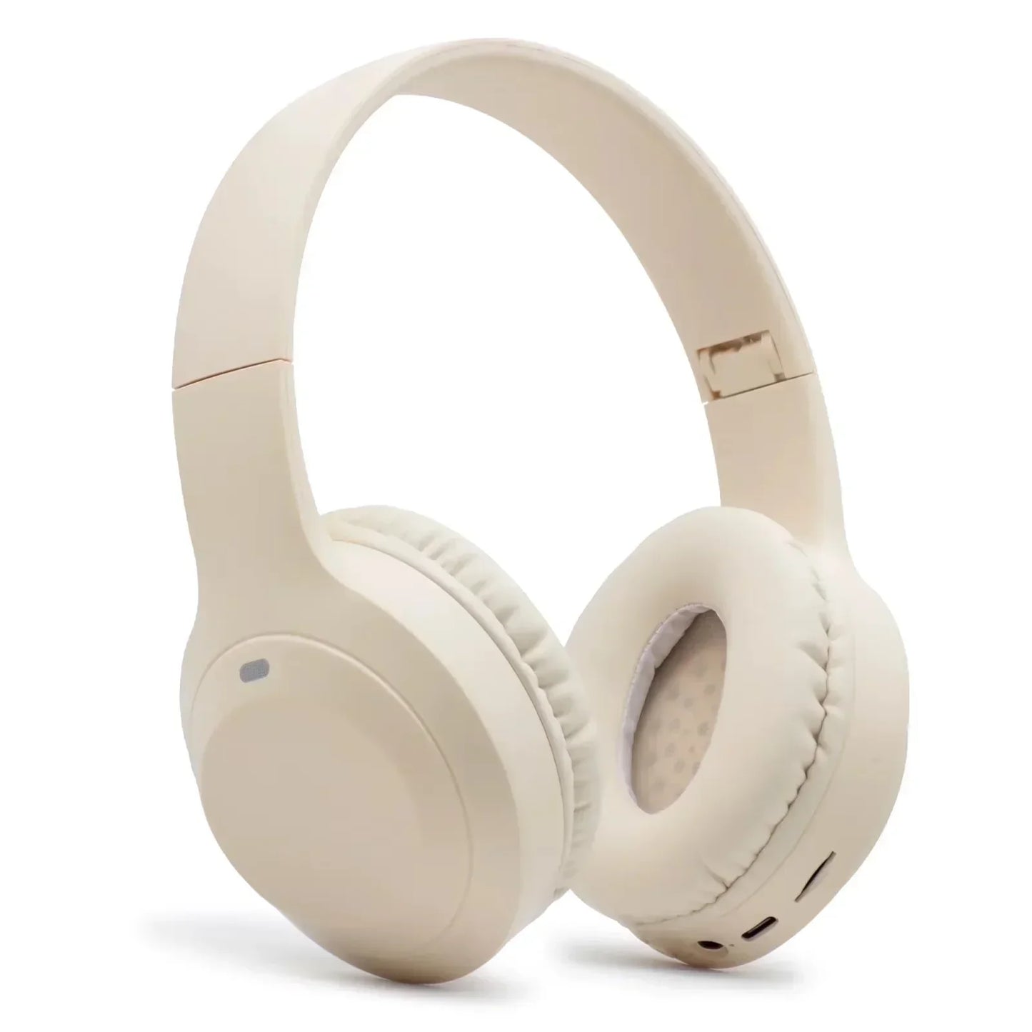 Beige wireless over-ear gaming headphones with cushioned ear pads, isolated on white background