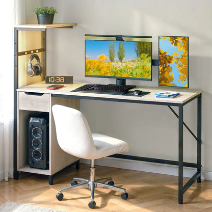 Home Office Desk Computer Gaming PC Study Table with Adjustable Shelf and LED Lights, Light Gray