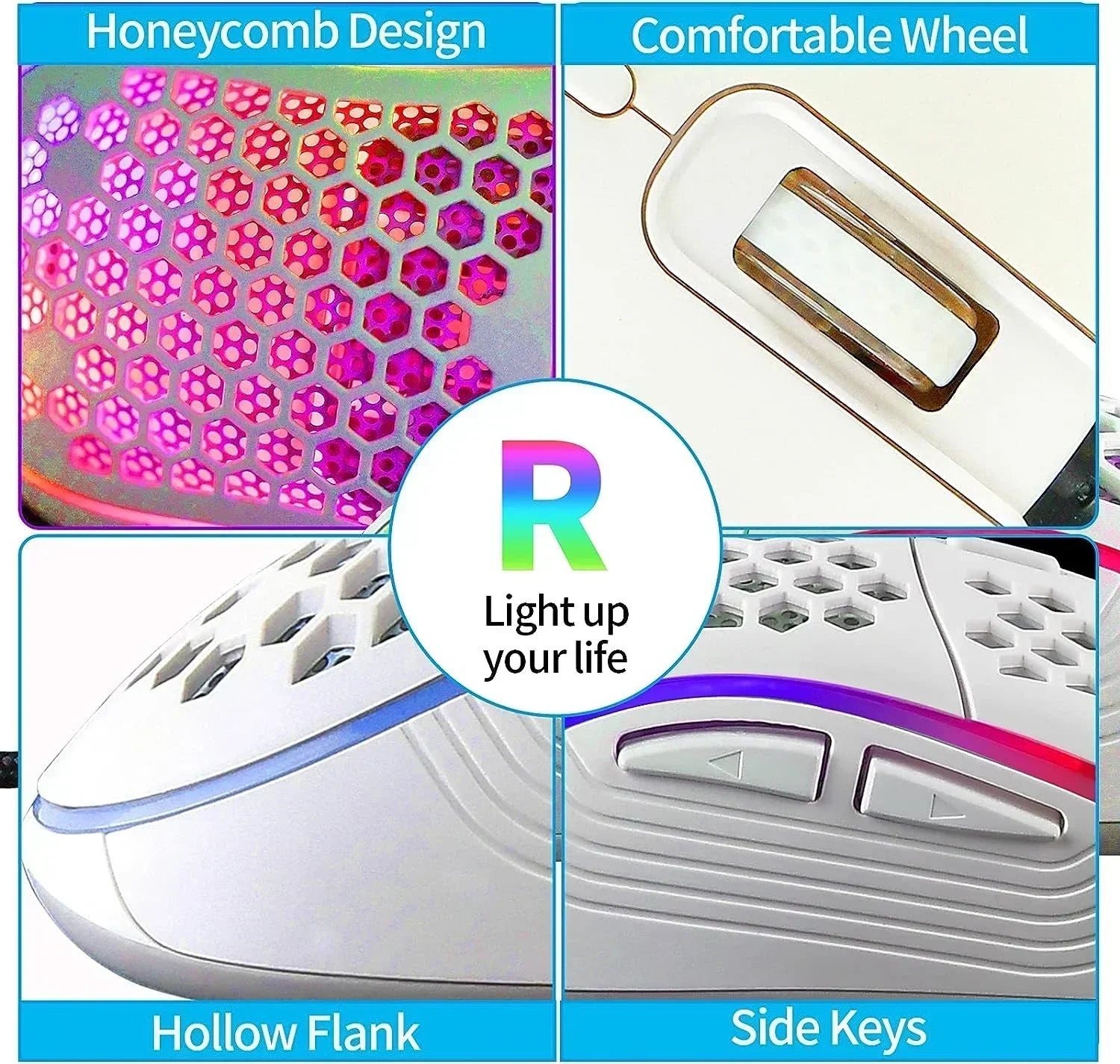 Lightweight gaming mouse with honeycomb shell, RGB lighting, side buttons, and ergonomic wheel.