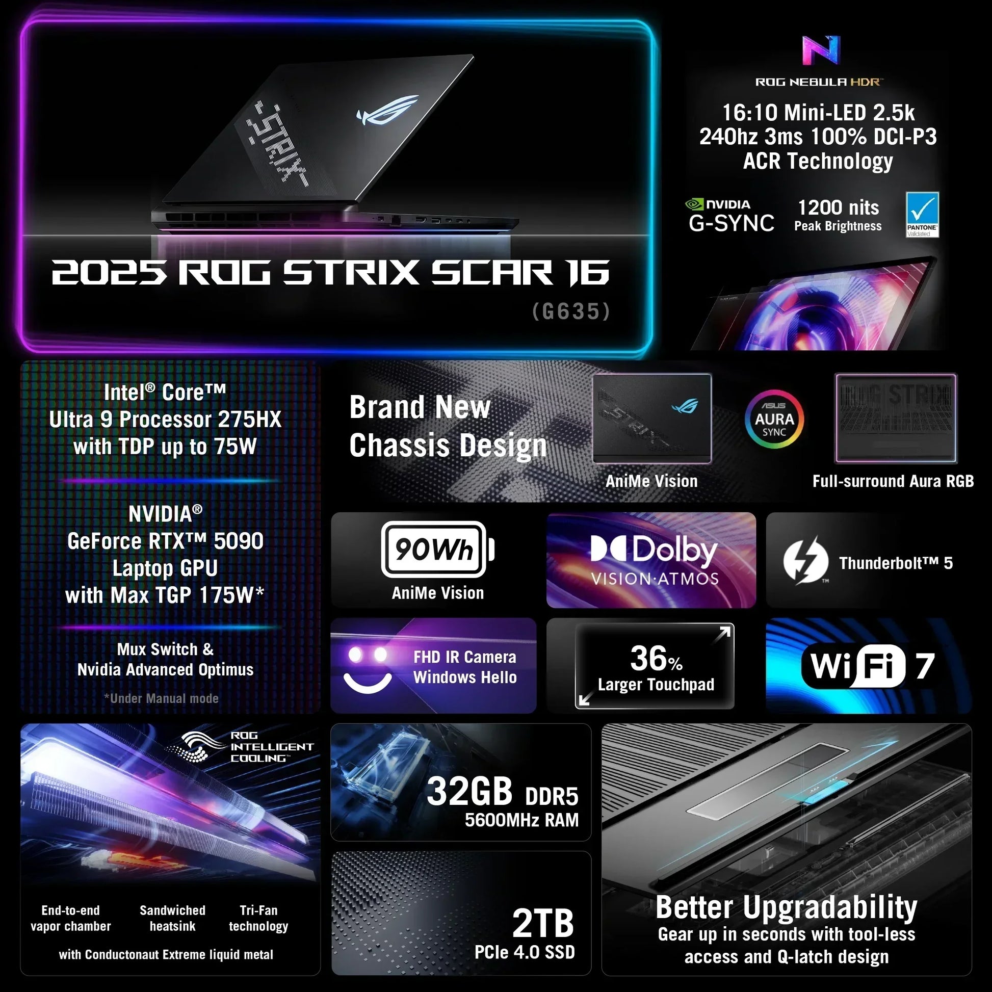 2025 ROG Strix Scar 16 gaming laptop with Intel Ultra 9, RTX 5090, 32GB RAM, 2TB SSD