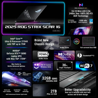 2025 ROG Strix Scar 16 gaming laptop with Intel Ultra 9, RTX 5090, 32GB RAM, 2TB SSD